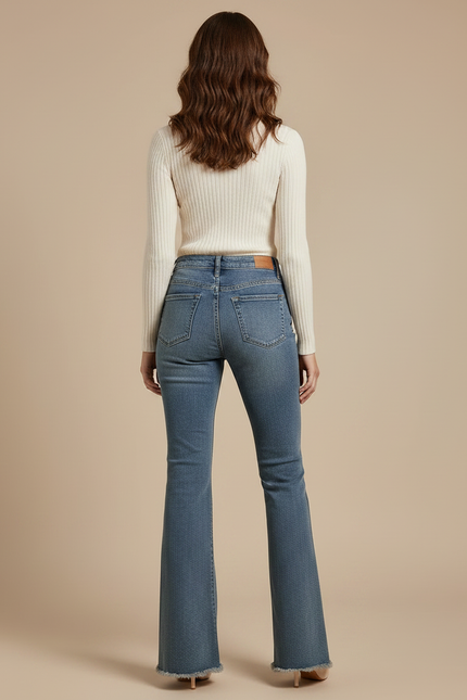Pantalon Patte D'Éléphant Denim Bleu Effiloché Taille Haute - Jean - vue 2
