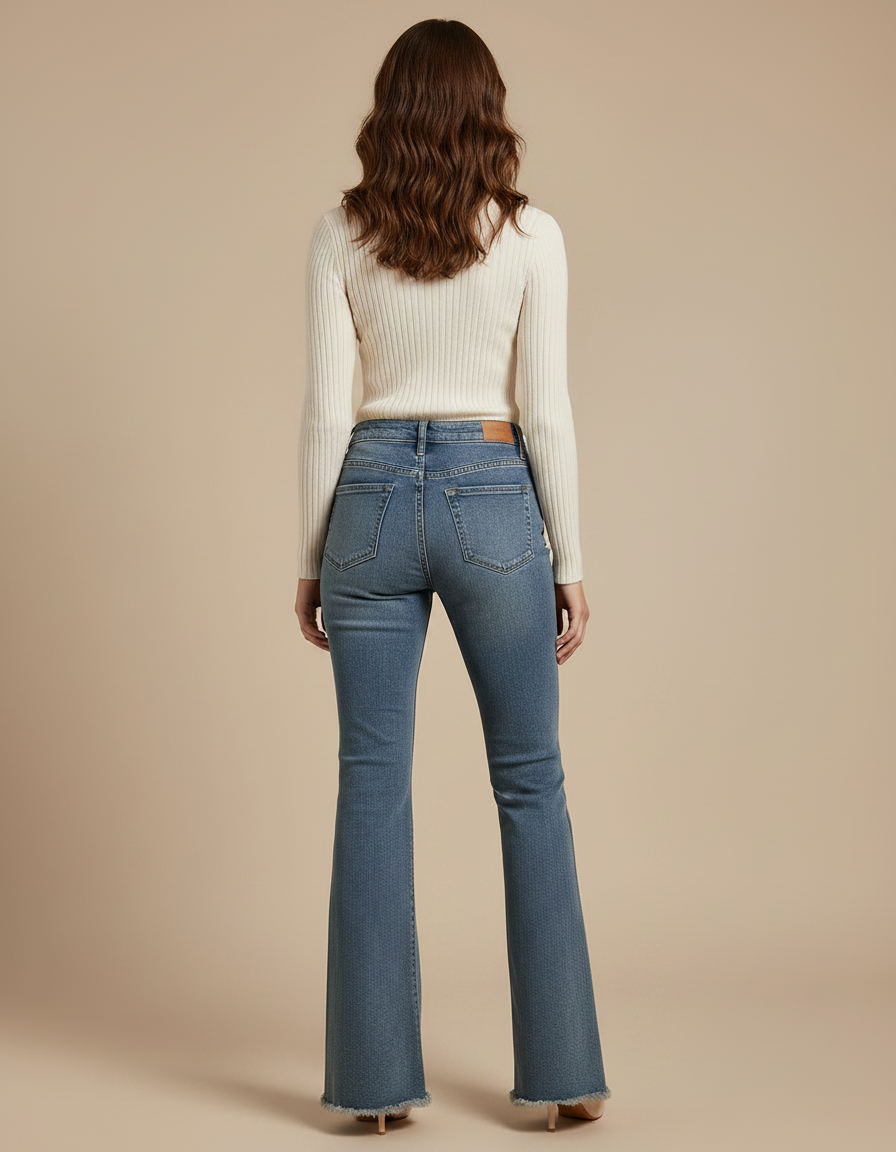 Pantalon Patte D'Éléphant Denim Bleu Effiloché Taille Haute - Jean - vue 2