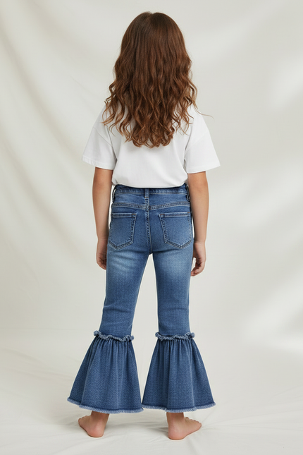 Pantalon Patte D'Éléphant Denim Bleu Volants Fille - Jean - vue 2
