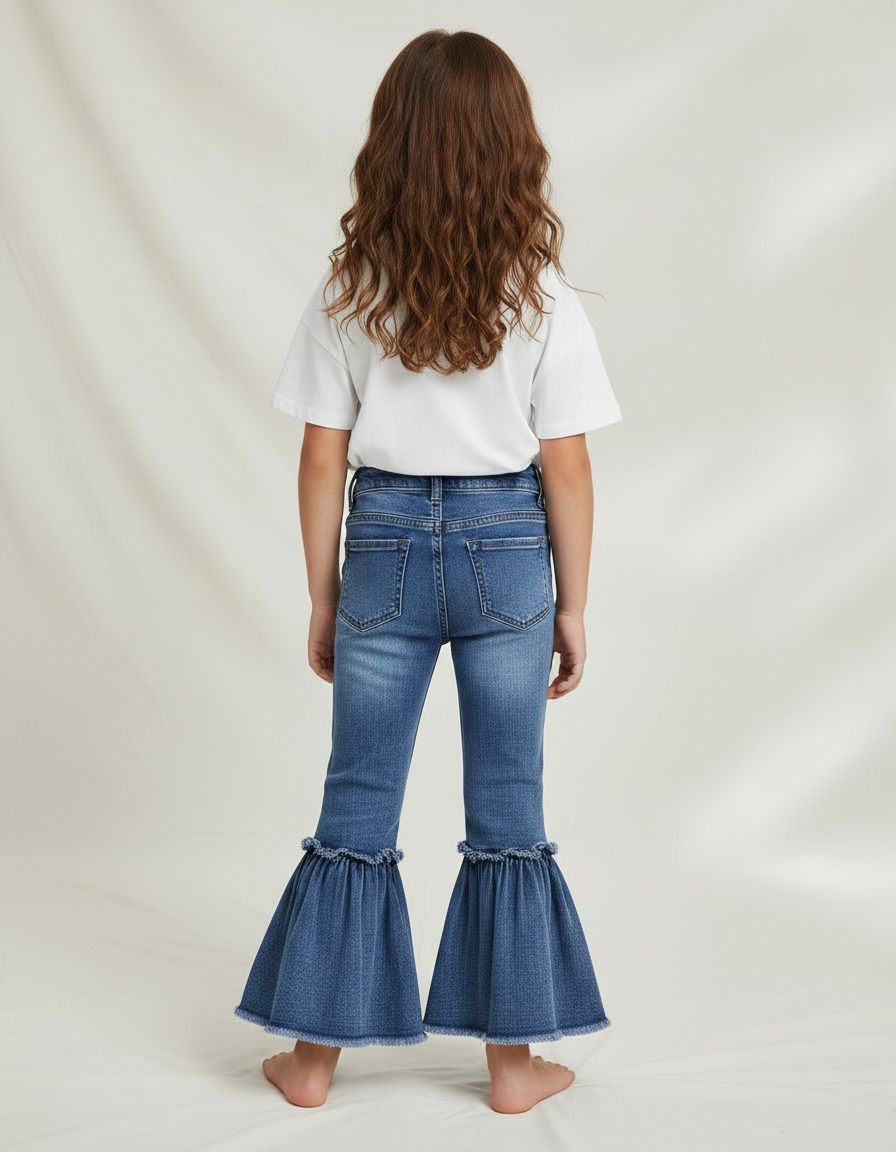 Pantalon Patte D'Éléphant Denim Bleu Volants Fille - Jean - vue 2
