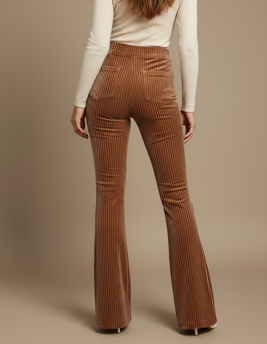Pantalon Patte D'Éléphant Velours Côtelé Marron Taille Haute Évasé - vue 2