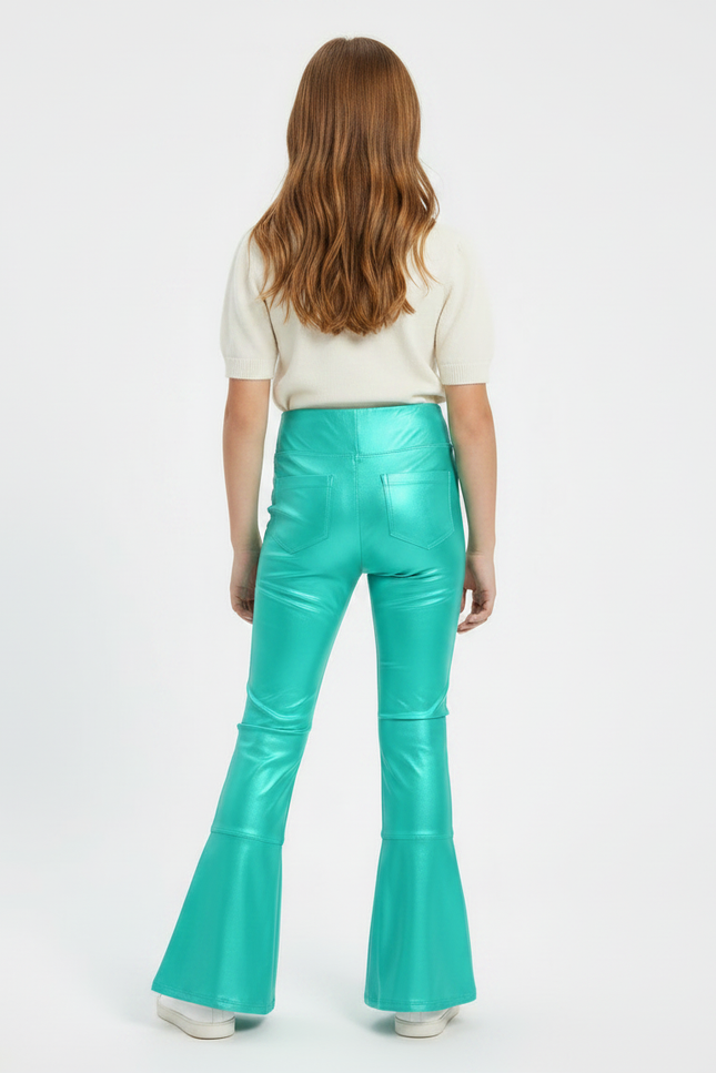 Pantalon Patte D'Éléphant Évasé Brillant Vert Métallisé Fille - Simili cuir - vue 2
