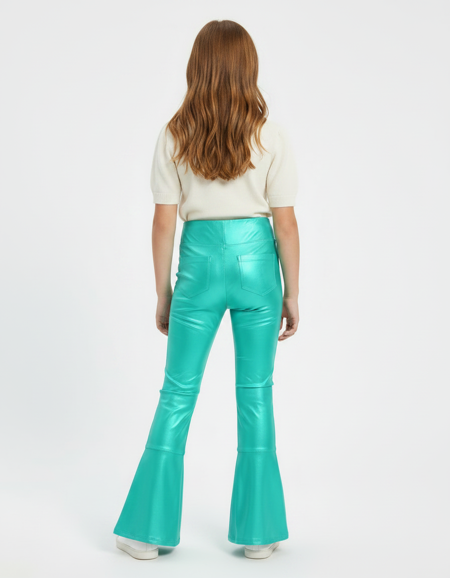 Pantalon Patte D'Éléphant Évasé Brillant Vert Métallisé Fille - Simili cuir - vue 2