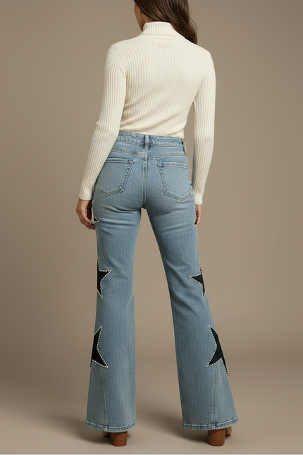 Pantalon Patte D'Éléphant Jean Étoiles Cloutées Bleu Évasé Femme - vue 2