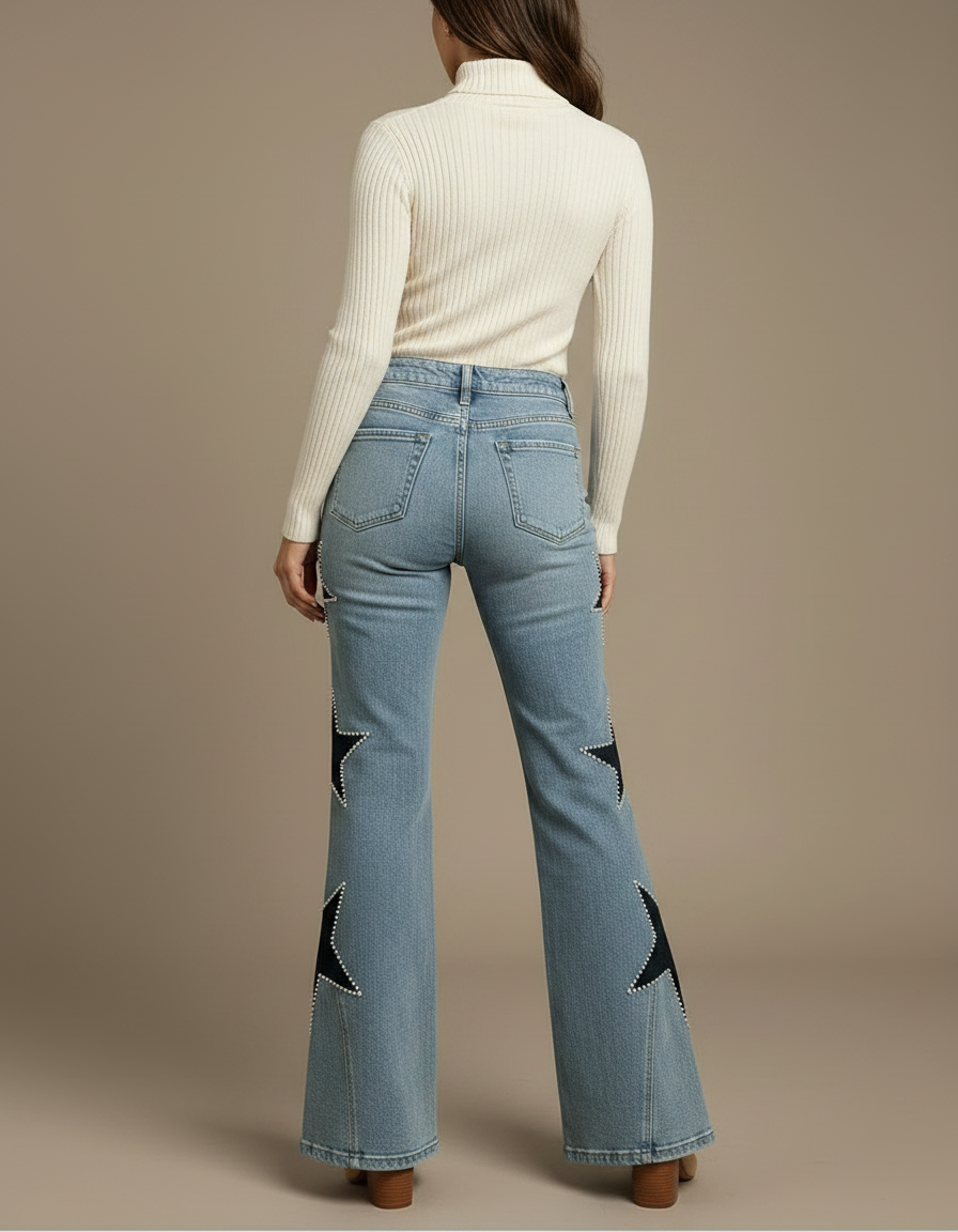 Pantalon Patte D'Éléphant Jean Étoiles Cloutées Bleu Évasé Femme - vue 2