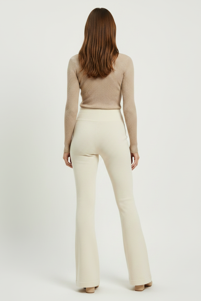 Pantalon Patte D'Éléphant Crème Tricoté Côtelé Taille Haute - Beige Maille - vue 2