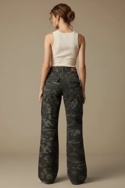 Pantalon Patte D'Éléphant Camouflage Cargo Ample Taille Haute - Kaki Toile - vue 2