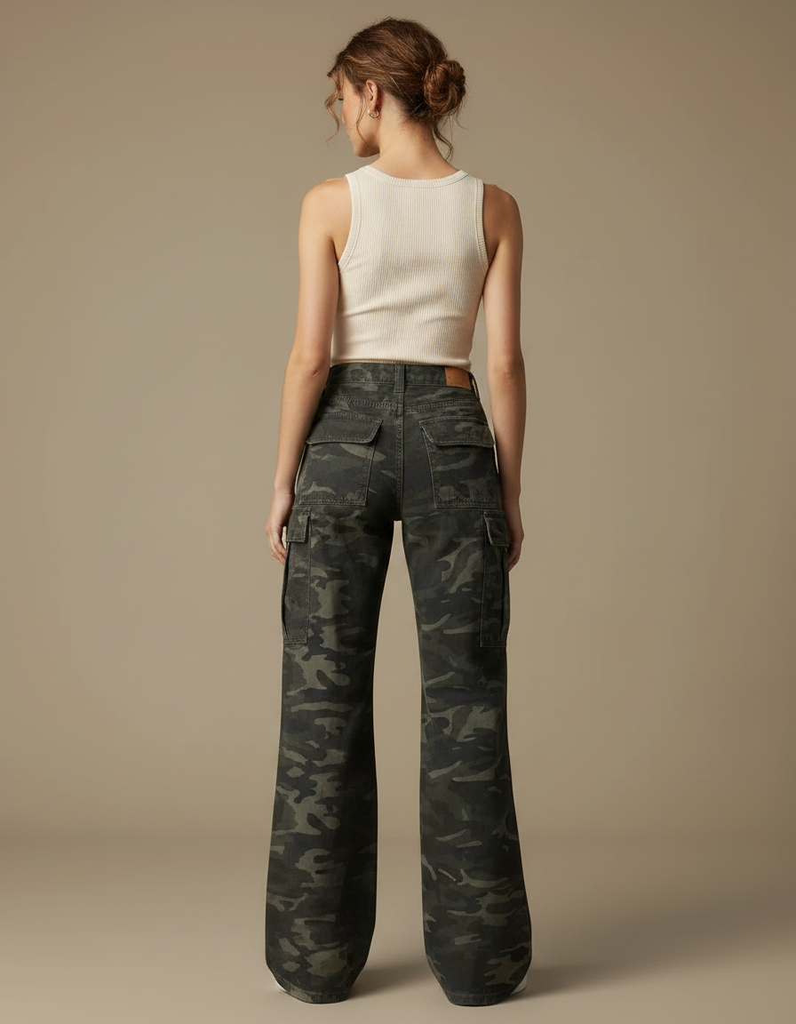 Pantalon Patte D'Éléphant Camouflage Cargo Ample Taille Haute - Kaki Toile - vue 2