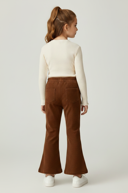 Pantalon Patte D'Éléphant Côtelé Marron Nœuds Fille - Cordé - vue 2