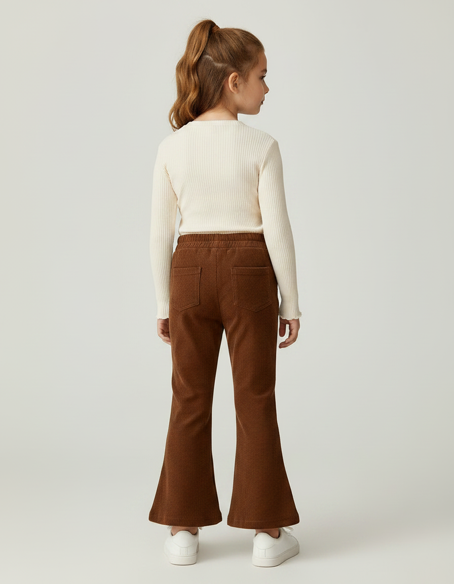 Pantalon Patte D'Éléphant Côtelé Marron Nœuds Fille - Cordé - vue 2