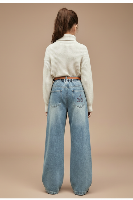 Pantalon Patte D'Éléphant Denim Ample Brodé Cerise Fille - Bleu Jean - vue 2