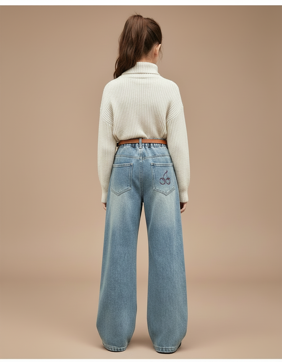 Pantalon Patte D'Éléphant Denim Ample Brodé Cerise Fille - Bleu Jean - vue 2