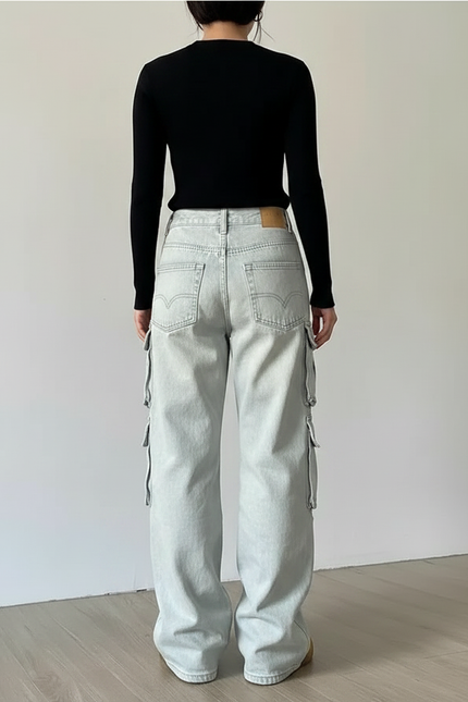 Pantalon Patte D'Éléphant Bleu Délavé Cargo Multi-Poches Large - Jean - vue 2