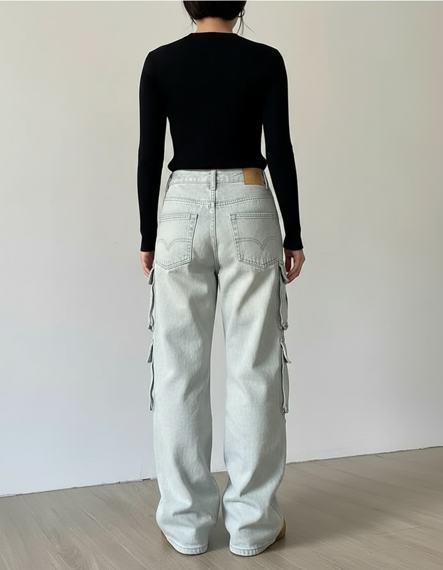 Pantalon Patte D'Éléphant Bleu Délavé Cargo Multi-Poches Large - Jean - vue 2