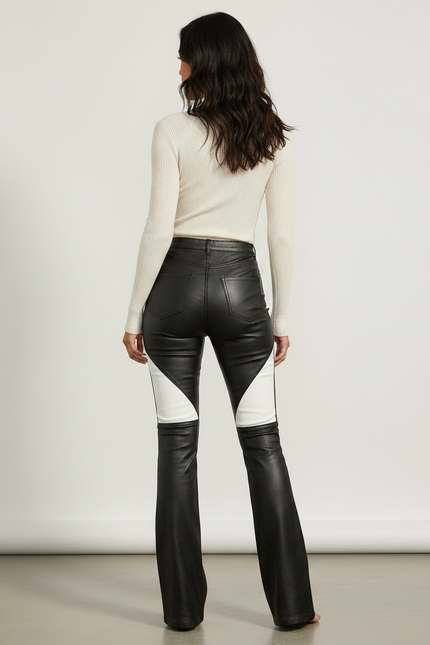 Pantalon Patte D'Éléphant Simili Cuir Noir Blanc Bicolore Évasé - Multicolore - vue 2