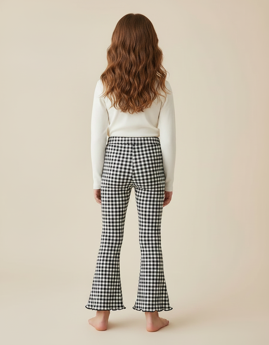 Pantalon Patte D'Éléphant Noir Blanc Vichy Évasé Fille - Imprimé Maille - vue 2