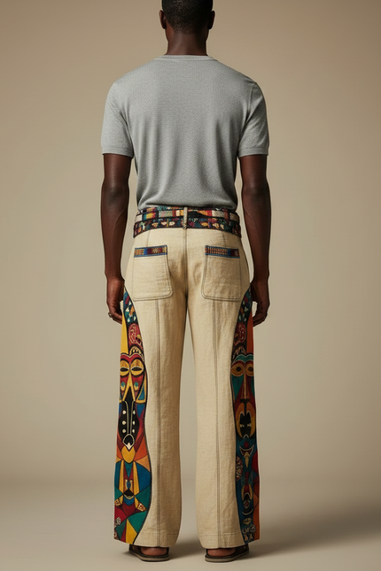 Pantalon Patte D'Éléphant Ethnique Imprimé Totem Africain Ample Homme - Multicolore Lin - vue 2