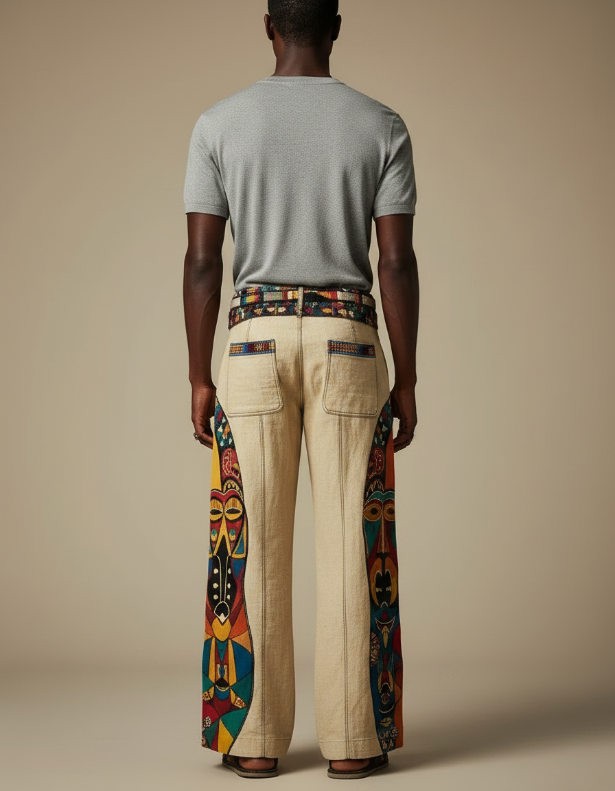 Pantalon Patte D'Éléphant Ethnique Imprimé Totem Africain Ample Homme - Multicolore Lin - vue 2