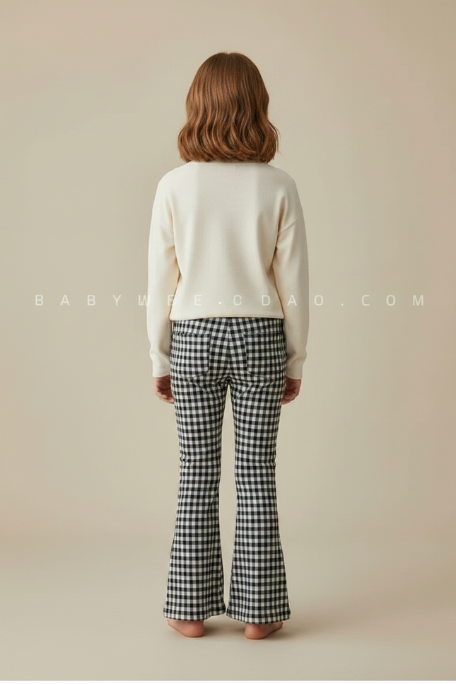 Pantalon Patte D'Éléphant Évasé Carreaux Vichy Noir Blanc - Multicolore Coton - vue 2
