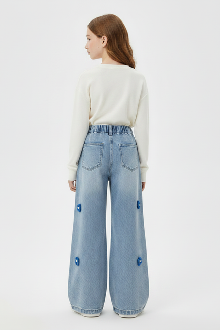 Pantalon Patte D'Éléphant Bleu Ample Floral Fille Denim - Jean - vue 2