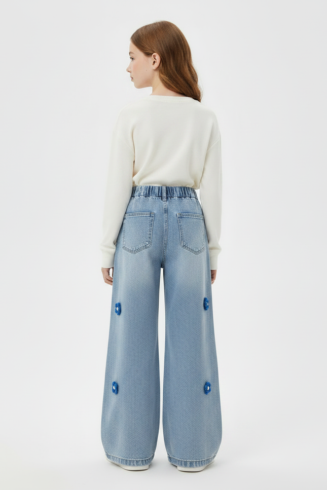Pantalon Patte D'Éléphant Bleu Ample Floral Fille Denim - Jean - vue 2