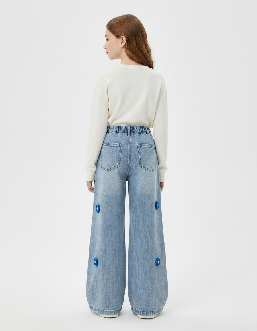 Pantalon Patte D'Éléphant Bleu Ample Floral Fille Denim - Jean - vue 2