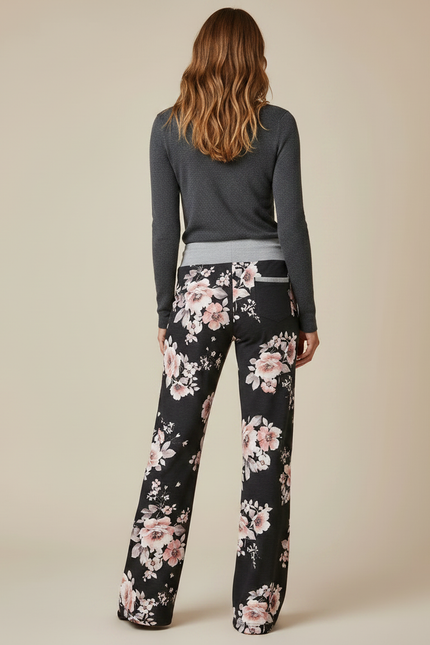 Pantalon Patte D'Éléphant Noir Fleuri Ample Confortable Cordon - Multicolore Maille - vue 2