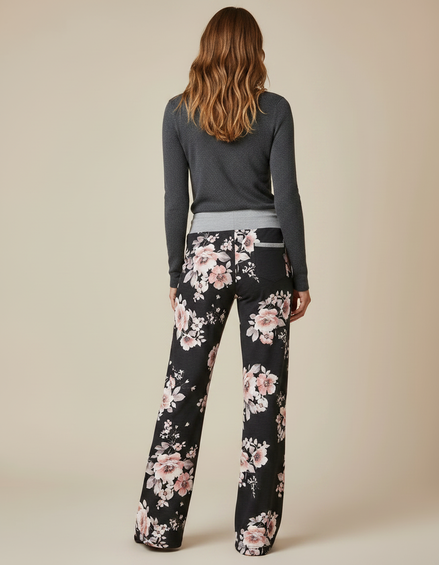 Pantalon Patte D'Éléphant Noir Fleuri Ample Confortable Cordon - Multicolore Maille - vue 2