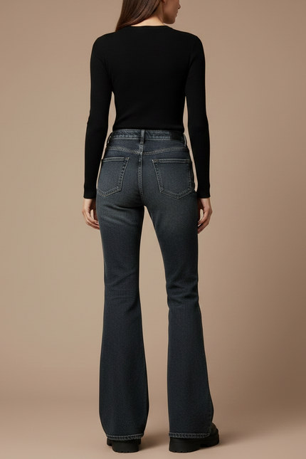 Pantalon Patte D'Éléphant Jean Gris Délavé Taille Haute Femme - vue 2
