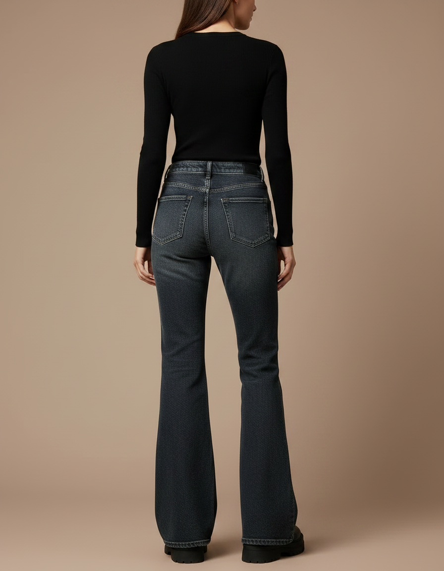 Pantalon Patte D'Éléphant Jean Gris Délavé Taille Haute Femme - vue 2