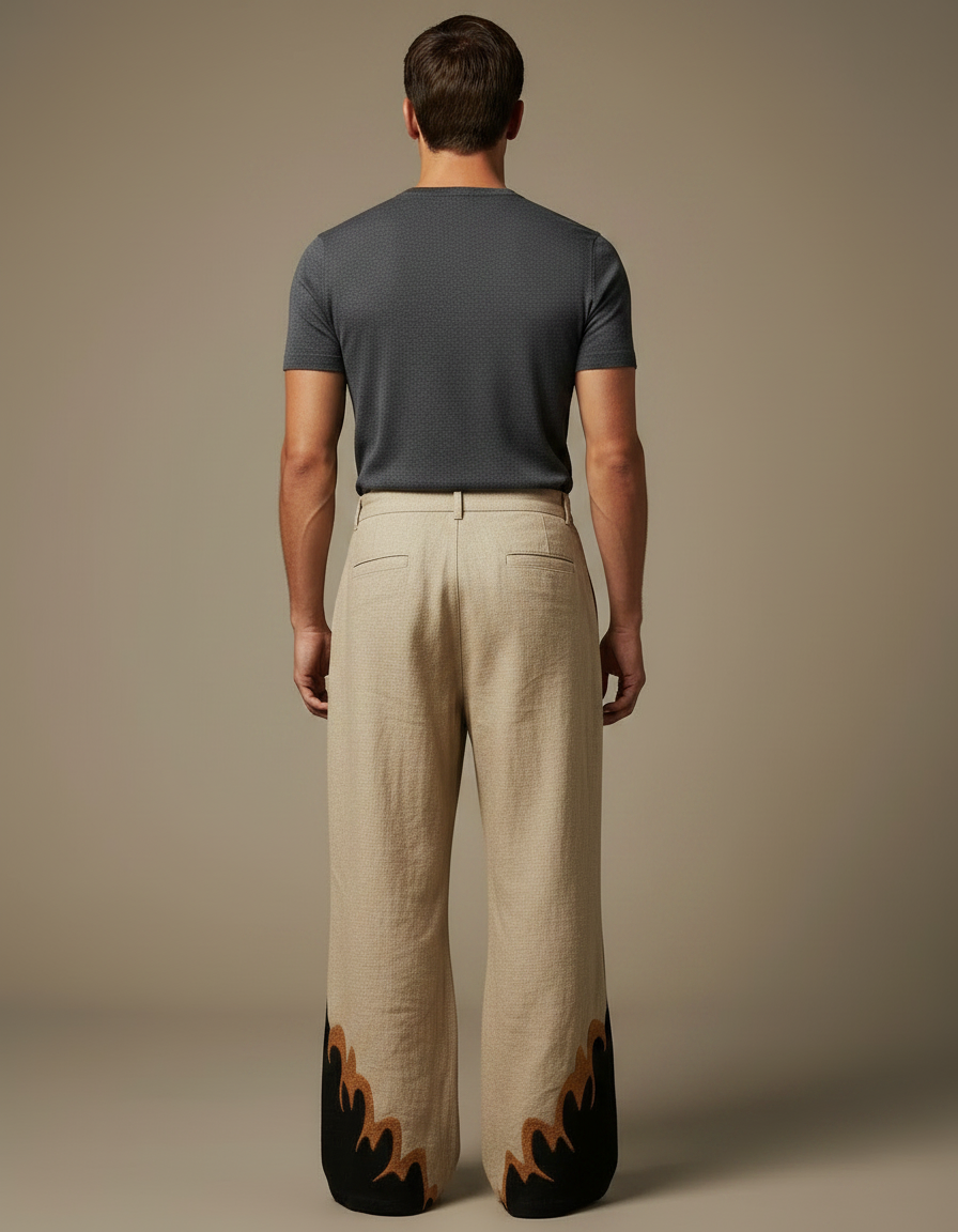 Pantalon Patte D'Éléphant Ethnique Beige Ample Masques Africains Homme - Lin - vue 2