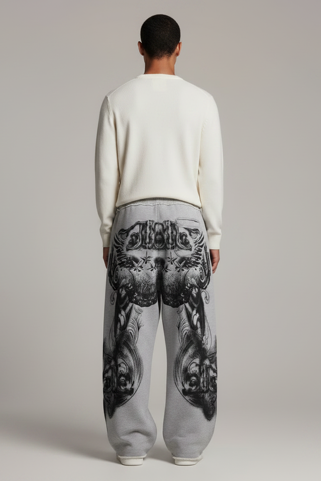Pantalon Patte D'Éléphant Gris Gothique Coton Ample Imprimé - Molleton - vue 2