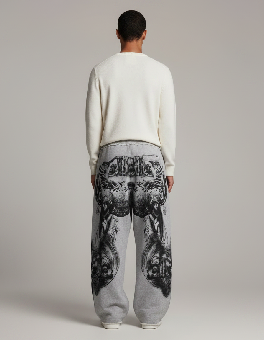 Pantalon Patte D'Éléphant Gris Gothique Coton Ample Imprimé - Molleton - vue 2