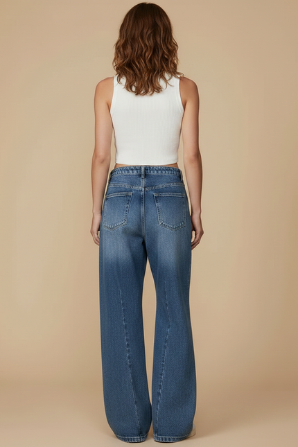 Pantalon Patte D'Éléphant En Jean Délavé, Taille Haute, Irrégulier - Bleu - vue 2