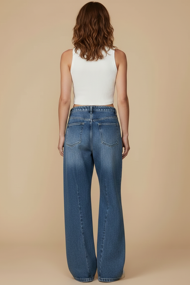 Pantalon Patte D'Éléphant En Jean Délavé, Taille Haute, Irrégulier - Bleu - vue 2