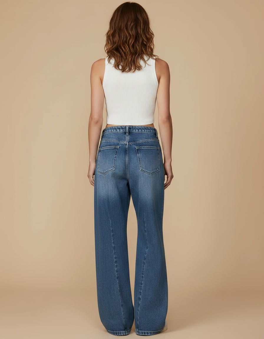 Pantalon Patte D'Éléphant En Jean Délavé, Taille Haute, Irrégulier - Bleu - vue 2