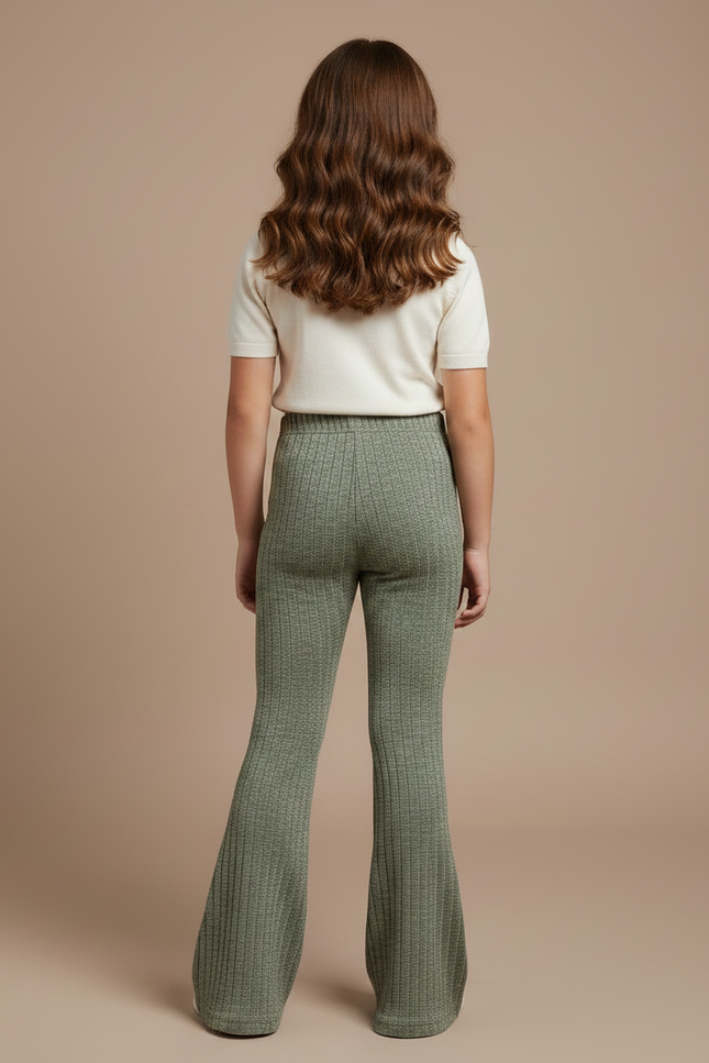 Pantalon Patte D'Éléphant Vert Côtelé Taille Haute Évasé - Cordé - vue 2