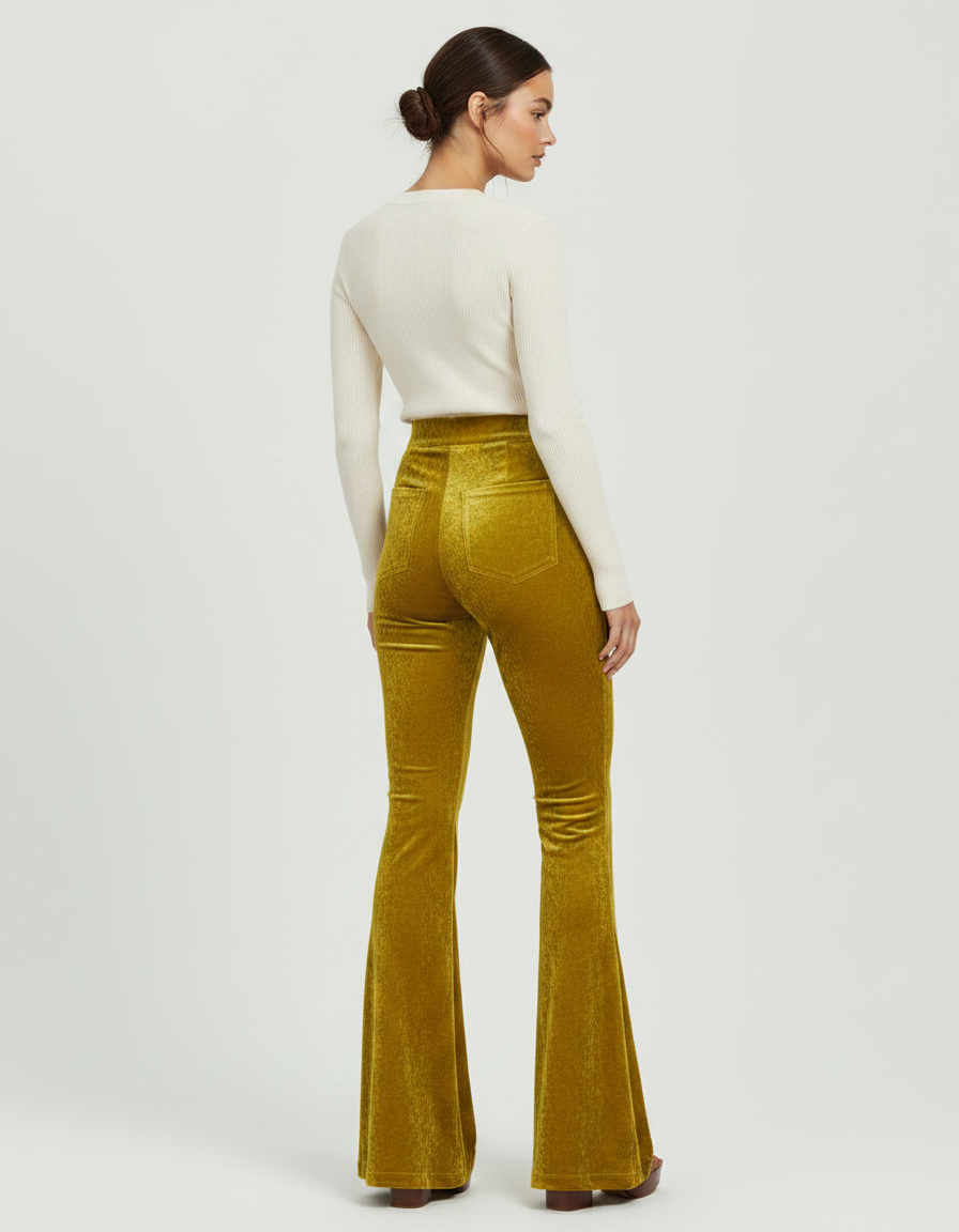 Pantalon Patte D'Éléphant Velours Jaune Moutarde Taille Haute - vue 2