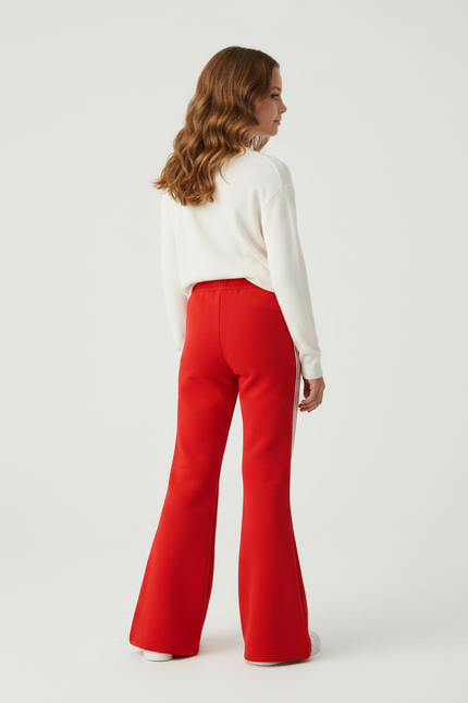 Pantalon Patte D'Éléphant Rouge Sportif Évasé Rayures Blanches - Molleton - vue 2