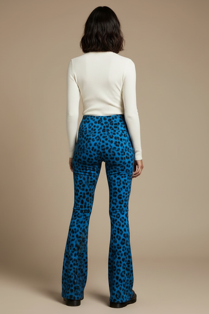 Pantalon Patte D'Éléphant Léopard Bleu Imprimé Taille Haute - Maille - vue 2