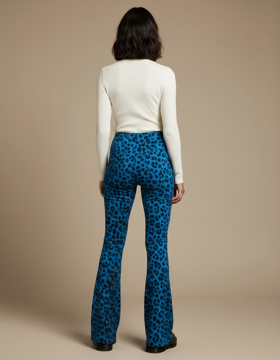Pantalon Patte D'Éléphant Léopard Bleu Imprimé Taille Haute - Maille - vue 2