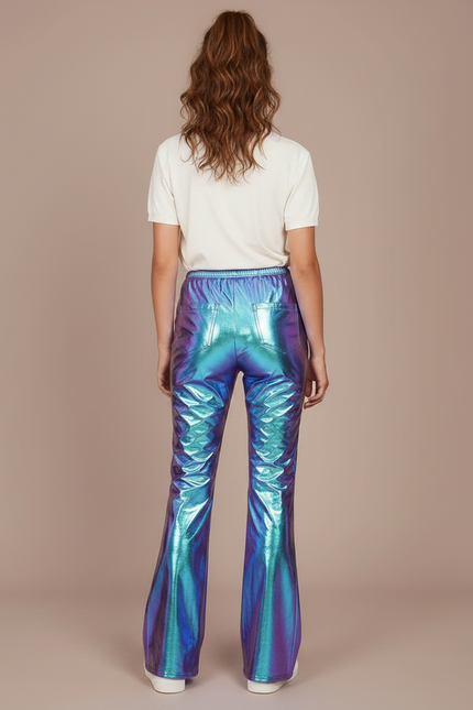 Pantalon Patte D'Éléphant Métallique Brillant Holographique Bleu Vert Fluide - Multicolore Polyester - vue 2