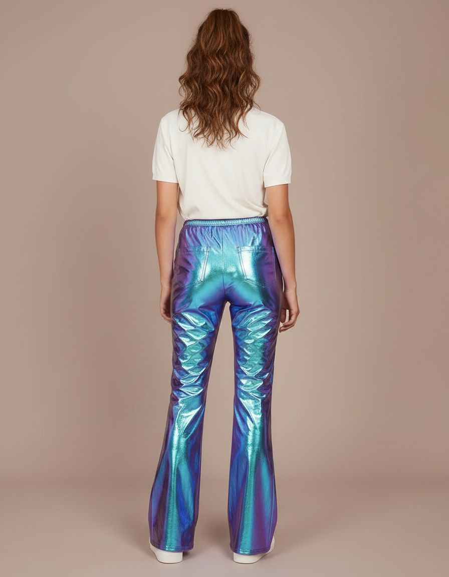 Pantalon Patte D'Éléphant Métallique Brillant Holographique Bleu Vert Fluide - Multicolore Polyester - vue 2
