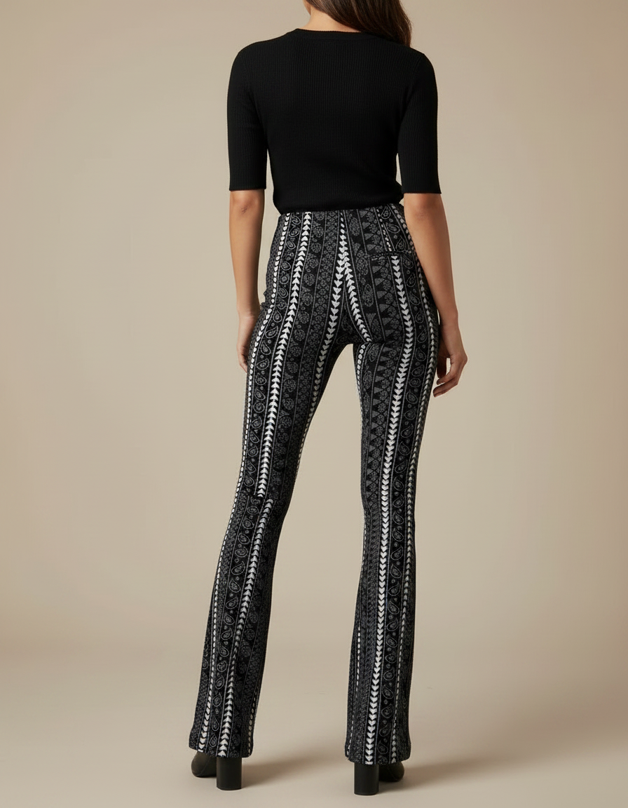 Pantalon Patte D'Éléphant Noir Imprimé Ethnique Fluide Évasé - Maille - vue 2