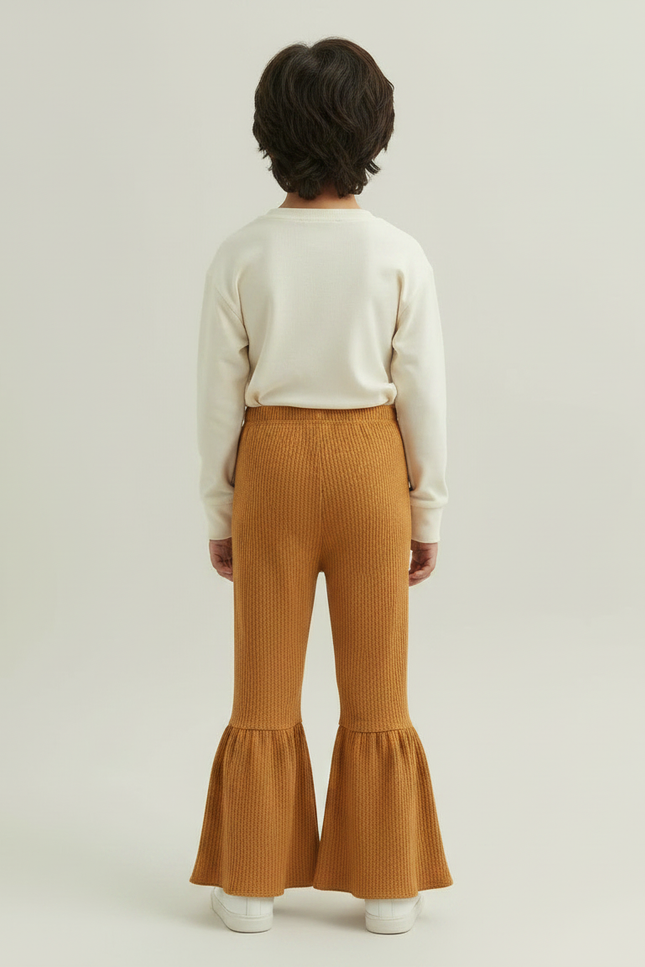 Pantalon Patte D'Éléphant Ocre Côtelé Évasé Volants Enfant - Jaune Maille - vue 2