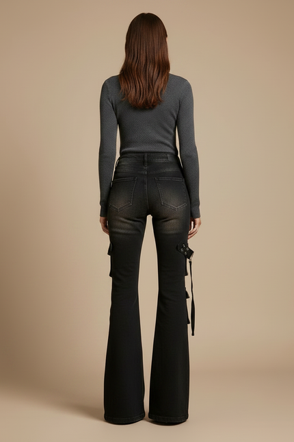 Pantalon Patte D'Éléphant Noir Délavé Cargo Ceinturé Évasé - Jean - vue 2