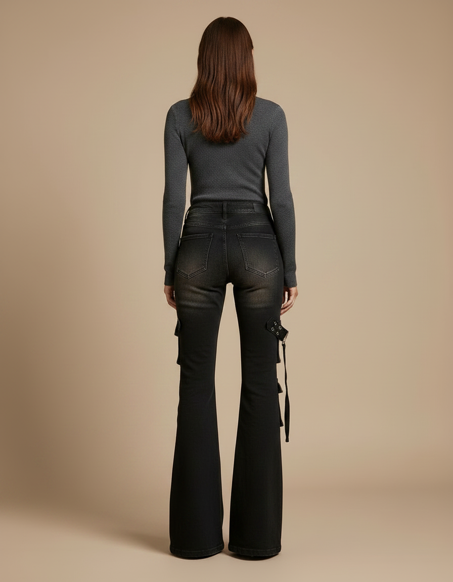 Pantalon Patte D'Éléphant Noir Délavé Cargo Ceinturé Évasé - Jean - vue 2