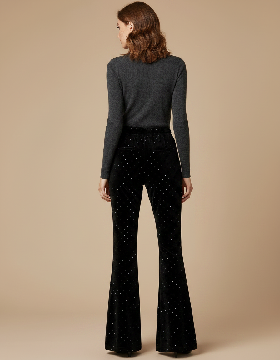 Pantalon Patte D'Éléphant Noir Velours Évasé Pailleté Élégant Femme - vue 2