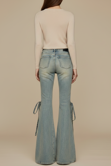 Pantalon Patte D'Éléphant Jean Délavé Taille Basse Évasé - Bleu - vue 2