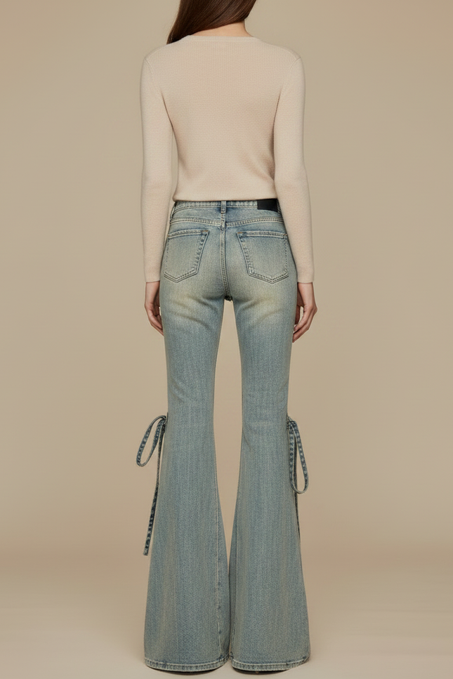 Pantalon Patte D'Éléphant Jean Délavé Taille Basse Évasé - Bleu - vue 2